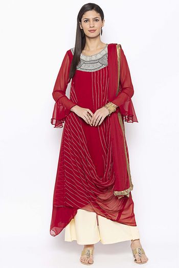 Plus Size Georgette Embroidery Palazzo Pant Suit In Maroon Colour - SS2711122