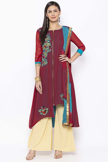 Plus Size Georgette Embroidery Palazzo Pant Suit In Maroon Colour - SS2711124