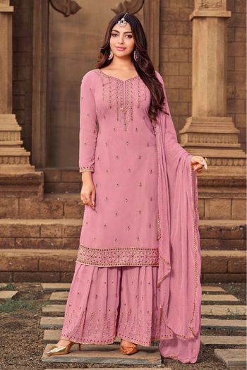 Georgette Embroidery Palazzo Pant Suit In Pink Colour - SM5412862