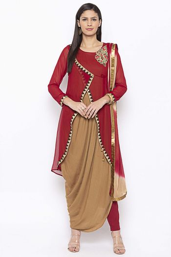 Plus Size Georgette Embroidery Pant Style Suit In Maroon And Beige Colour - SS2711135