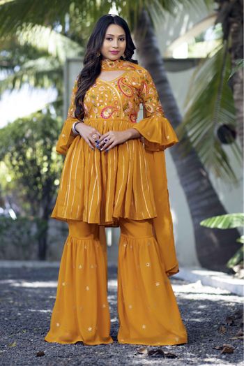 Georgette Embroidery Sharara Suit  In Mustard Colour - SS1780571
