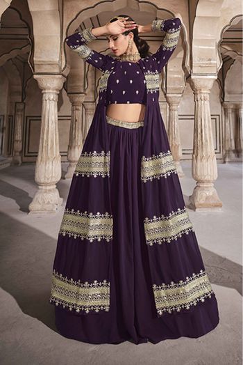 Dark-wine embroidered net semi stitched lehenga - MESMORE - 3486678