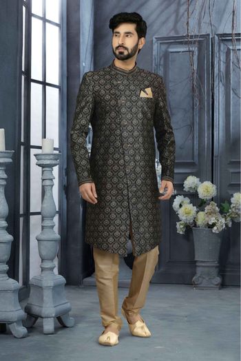 Jacquard Digital Print Sherwani In Black Colour - SH4120556