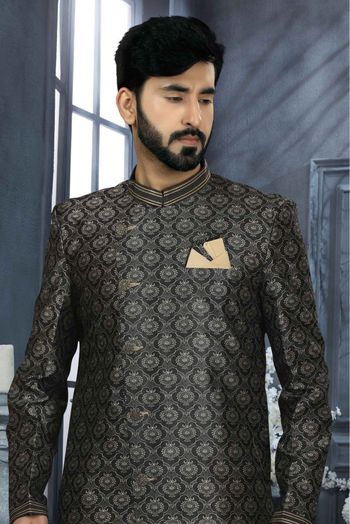 Jacquard Digital Print Sherwani In Black Colour - SH4120556