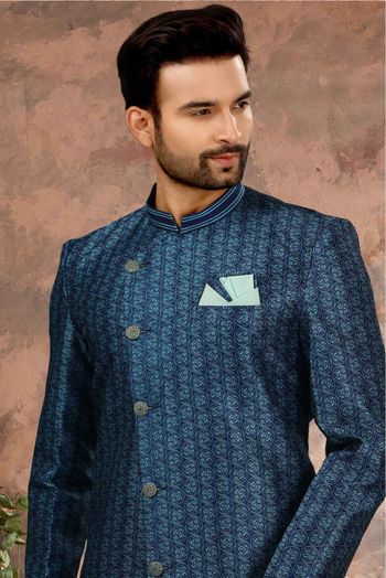 Jacquard Digital Print Sherwani In Blue Colour - SH4120554