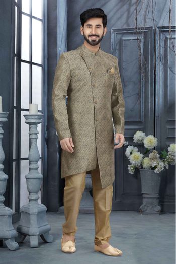 Jacquard Digital Print Sherwani In Green Colour - SH4120541