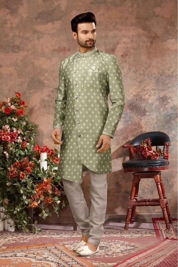 Jacquard Digital Print Sherwani In Green Colour - SH4120542