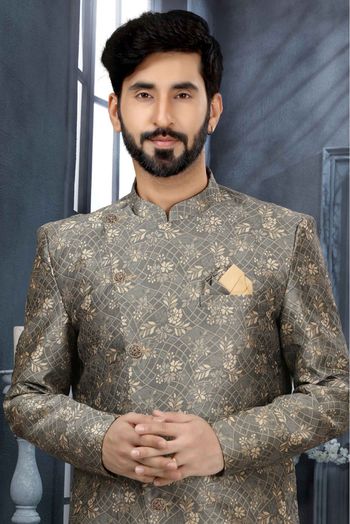 Jacquard Digital Print Sherwani In Grey Colour - SH4120560