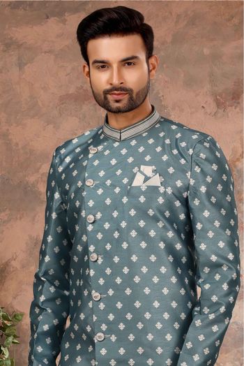 Jacquard Digital Print Sherwani In Light Blue Colour - SH4120552