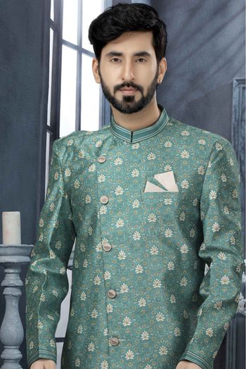 Jacquard Digital Print Sherwani In Sea Blue Colour - SH4120543