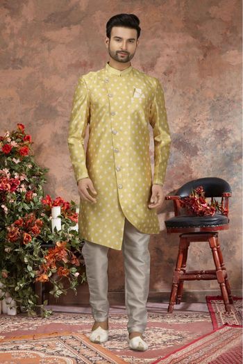 Jacquard Digital Print Sherwani In Yellow Colour - SH4120548