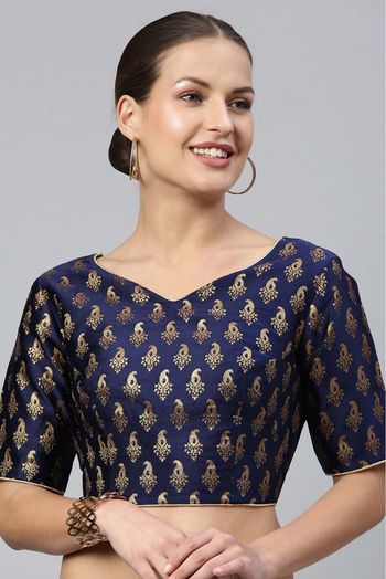 Jacquard Non Padded Blouse In Navy Blue Colour - BL1391274