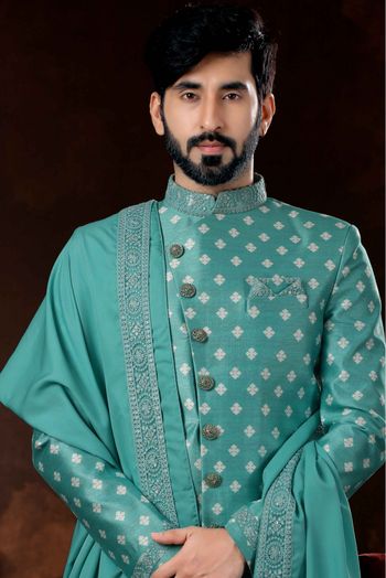 Jacquard Sherwani In Sea Green Colour - SH4120584