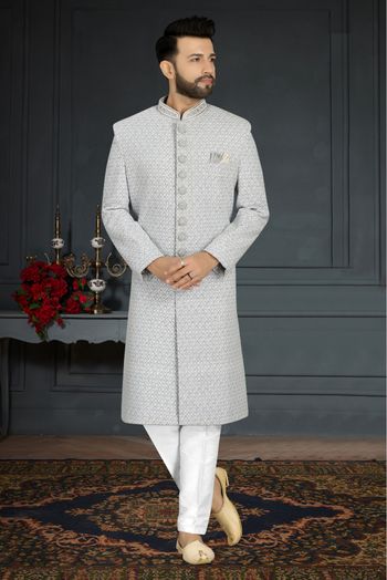 Jacquard Silk Sherwani In Grey Colour - SH5413147