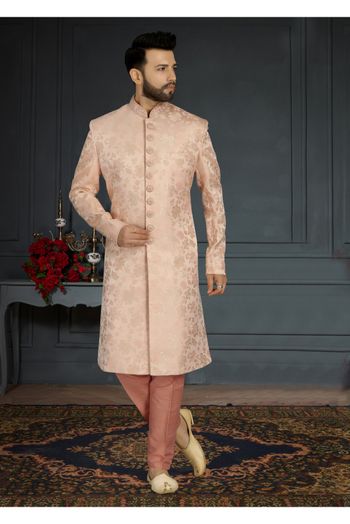 Regal Splendor Peach and Peach Art Silk Sherwani with Chudidar Bottom