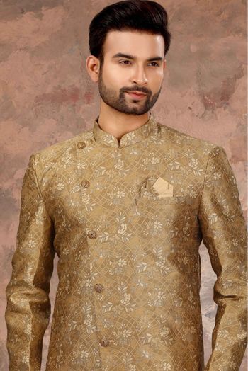 Jacquard Thread Work Sherwani In Gold Colour - SH4120563