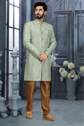 Jacquard Thread Work Sherwani In Green Colour - SH4120531