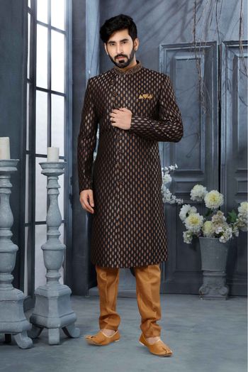 Jacquard Woven Sherwani In Black Colour - SH4120551