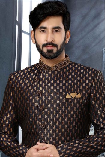 Jacquard Woven Sherwani In Black Colour - SH4120551