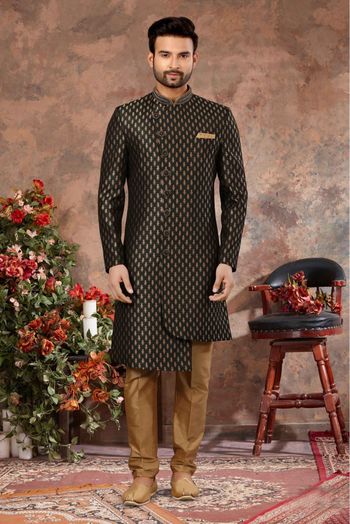 Jacquard Woven Sherwani In Bottle Green Colour - SH4120536