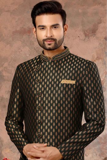 Jacquard Woven Sherwani In Bottle Green Colour - SH4120536