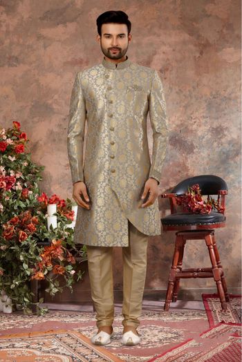 Jacquard Woven Sherwani In Grey And Gold Colour - SH4120528