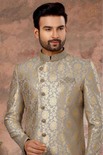 Jacquard Woven Sherwani In Grey And Gold Colour - SH4120528