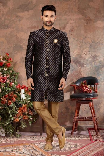 Jacquard Woven Sherwani In Navy Blue Colour - SH4120540