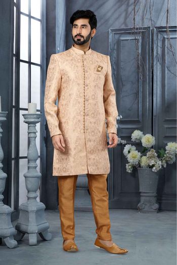 Jacquard Woven Sherwani In Pink And Cream Colour - SH4120529