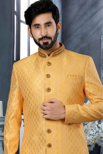 Jacquard Woven Sherwani In Yellow Colour - SH4120527