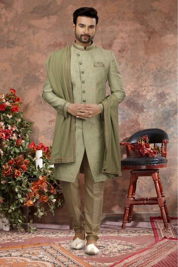 Jacquard Zari Work Sherwani In Green Colour - SH4120534