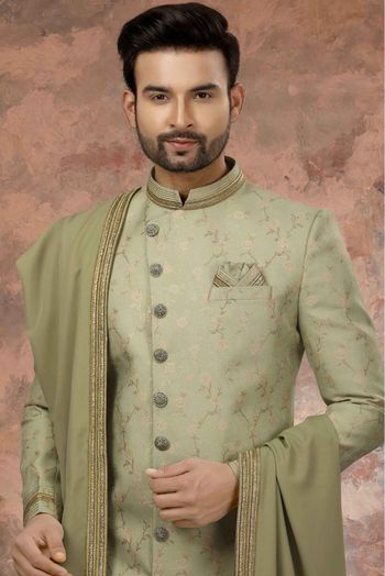 Jacquard Zari Work Sherwani In Green Colour - SH4120534