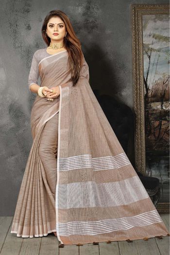 Linen Woven Saree In Brown Colour - SR5412346