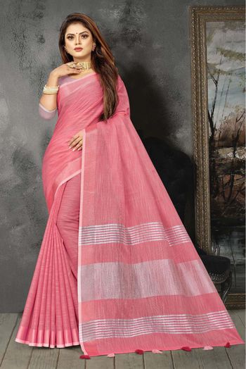 Linen Woven Saree In Pink Colour - SR5412358