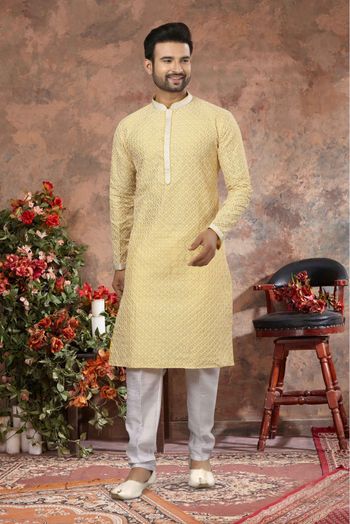 Lucknowi Lakhnavi Work Kurta Pajama In Lemon Yellow Colour - KP4120507