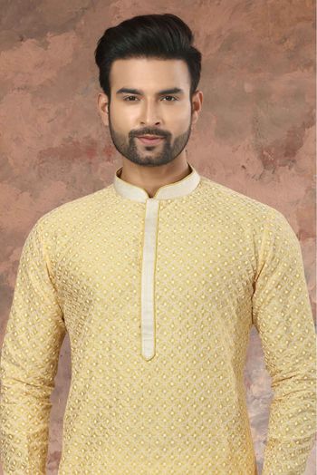 Lucknowi Lakhnavi Work Kurta Pajama In Lemon Yellow Colour - KP4120507