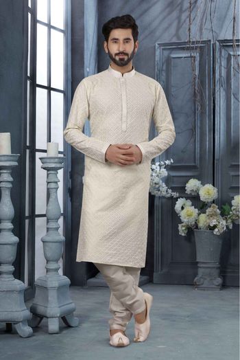 Lucknowi Lakhnavi Work Kurta Pajama In Off White Colour - KP4120506
