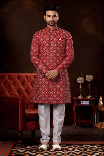 Lucknowi Sherwani In Maroon Colour - SH4120581