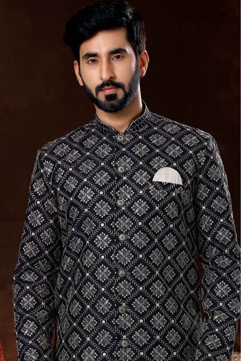 Lucknowi Sherwani In Navy Blue Colour - SH4120582