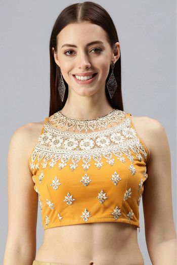 Lycra And Net Padded Blouse In Mustard Colour - BL1391250