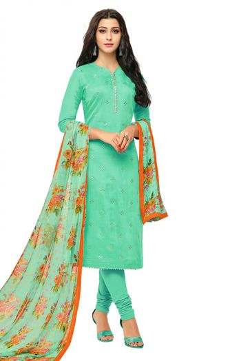 Unstitched Chanderi Cotton Printed Churidar Suit In Blue Colour