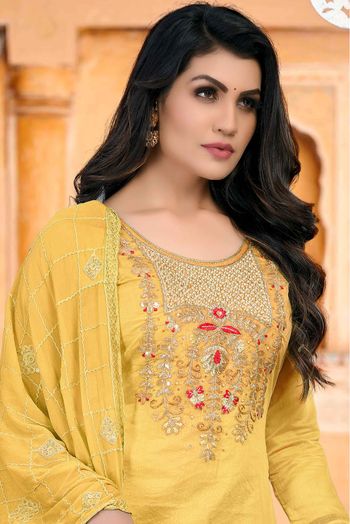 Modal Chanderi Embroidery Churidar Suit In Yellow Colour - SM5412845