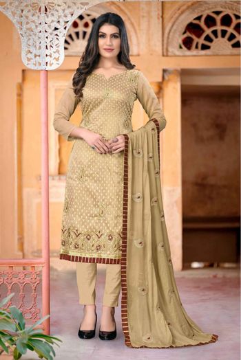 Modal Chanderi Embroidery Pant Style Suit In Beige Colour - SM5412846