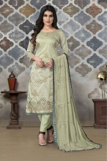 Modal Chanderi Embroidery Pant Style Suit In Pista Green Colour - SM5412834