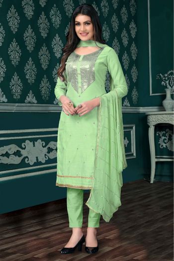 Modal Chanderi Straight Suit In Light Green Colour - SM5412485