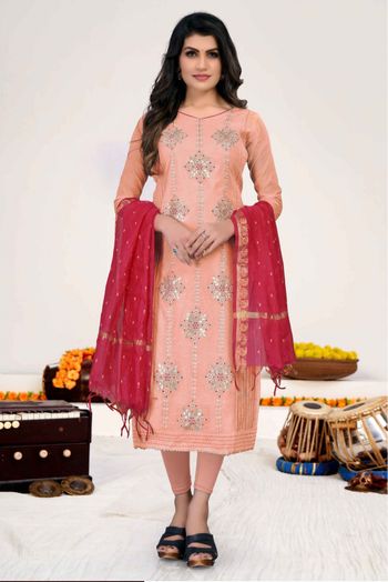 Modal Chanderi Straight Suit In Peach Colour - SM5412495