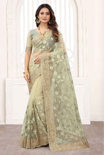 Net Designer Saree In Pista Green Colour - SR1543327