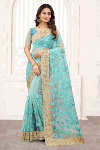 Net Designer Saree In Sky Blue Colour - SR1543329