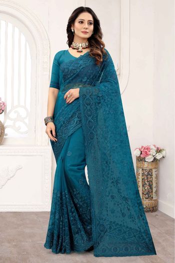 Net Designer Saree In Teal Colour - SR4690618