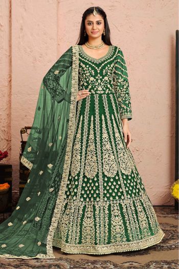 Net Embroidery Anarkali Suit In Green Colour-SM1640658